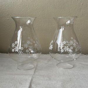Pair of Pyrex snowflake hurricane lamp tops